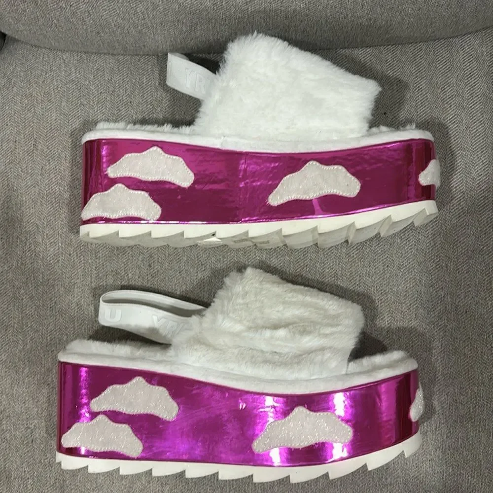 YRU Dolls Kill Qozii Faux White Fur Platform Cloud Pink Iridescent Sandals